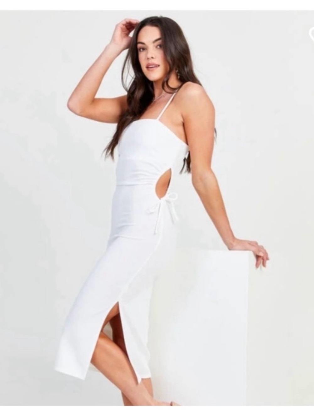 Altar'd State White Spaghetti-Strap Midi Dress with Side Cutout